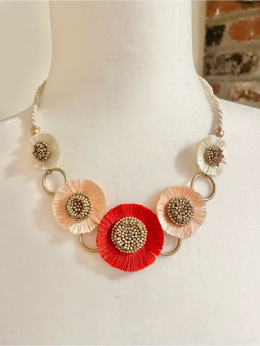 Red and Peach Gold Floral Fringe Statement Necklace